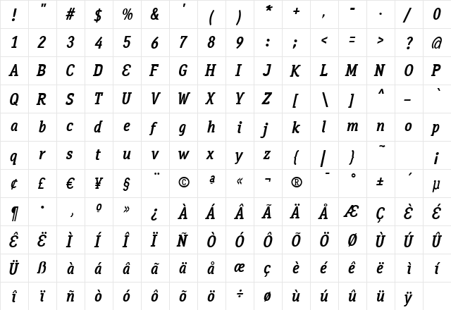 Aaux OfficeBold Italic Regular  glyph index