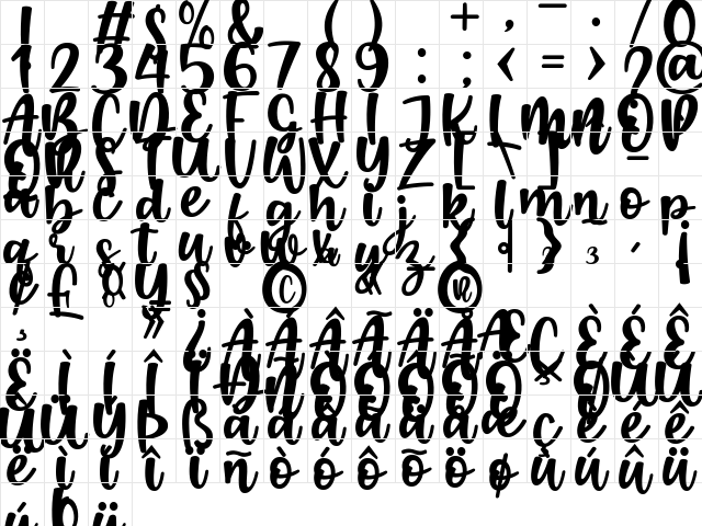 Boendalove Regular  glyph index