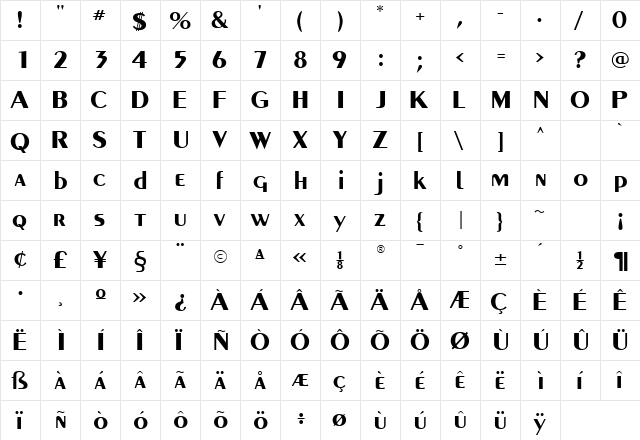 PaqueteSSK Bold  glyph index