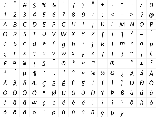 Expletus Sans Italic  glyph index