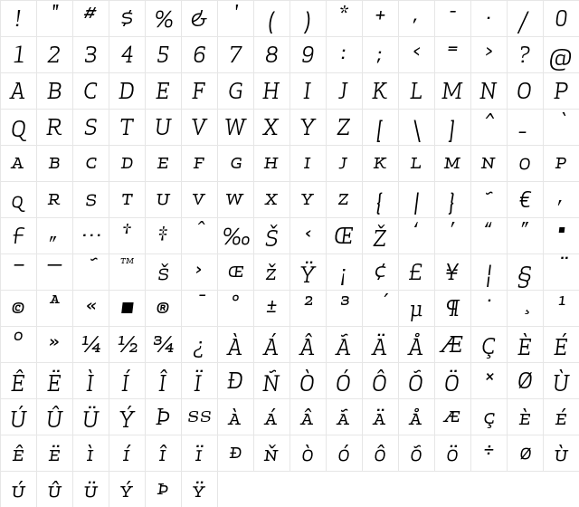 Apex Serif Book Italic Caps Regular  glyph index