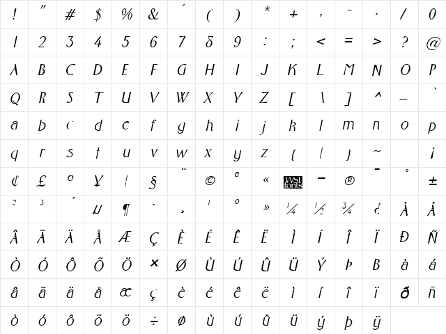 Foster Italic  glyph index