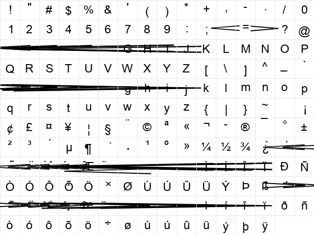 Arial Regular  glyph index