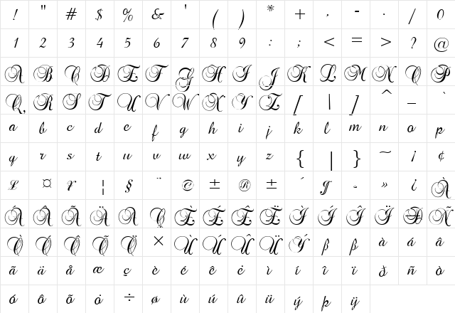 Brock Script Regular  glyph index