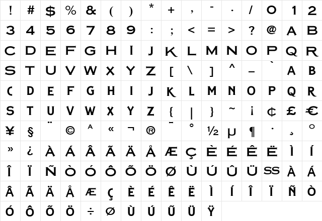 Copperplate Classic Plain Plus Regular  glyph index