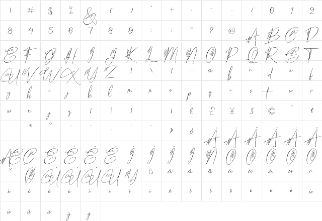 Hantoria Signature NoLigature  glyph index