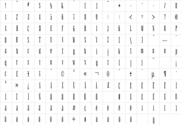 Ultra Condensed Serif Regular  glyph index