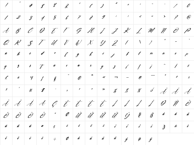 Baby Lovely Italic Regular  glyph index