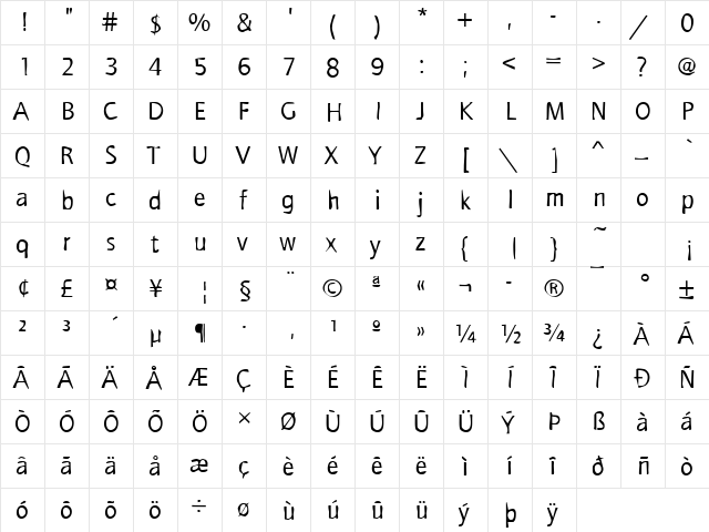 DTCDirtyM44 Regular  glyph index