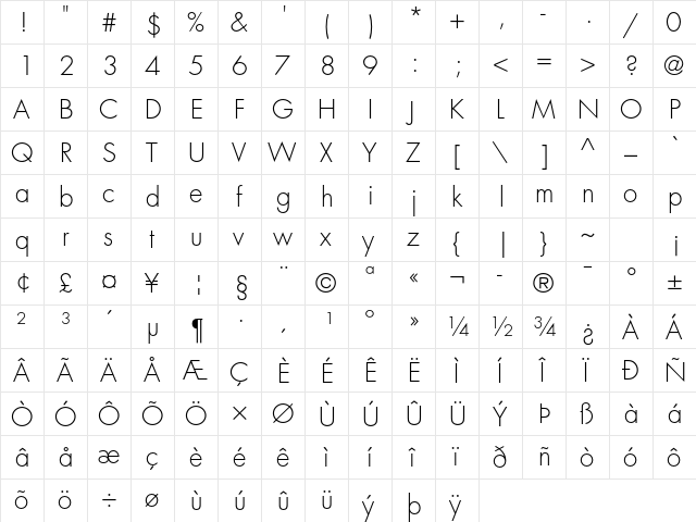 Futura Std Light  glyph index