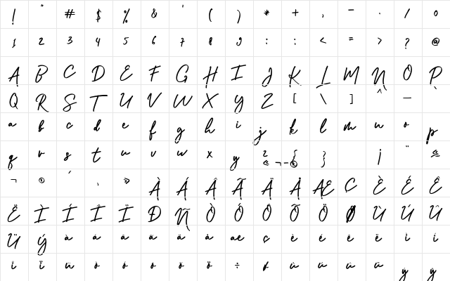 Shellia Regular  glyph index