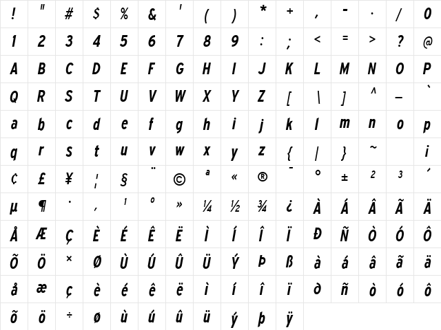 Expressway Condensed SemiBold Italic  glyph index