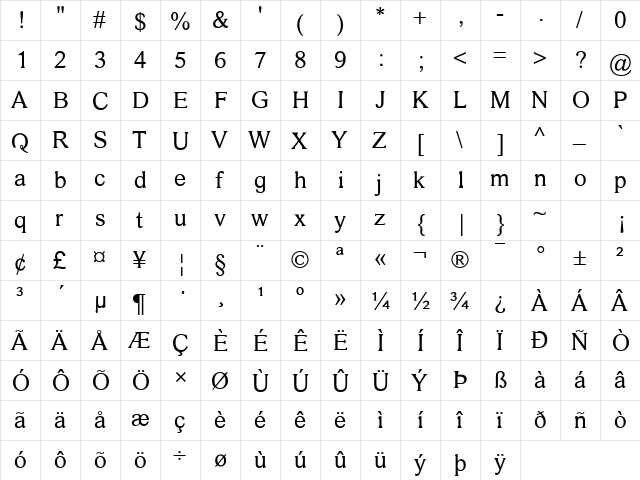 MPH 2B Damase Regular  glyph index