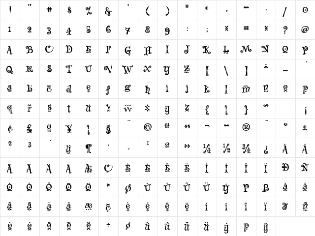 Whimsy Baroque ICG Bold  glyph index