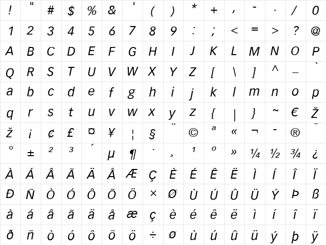 Vectora LT Roman Italic  glyph index