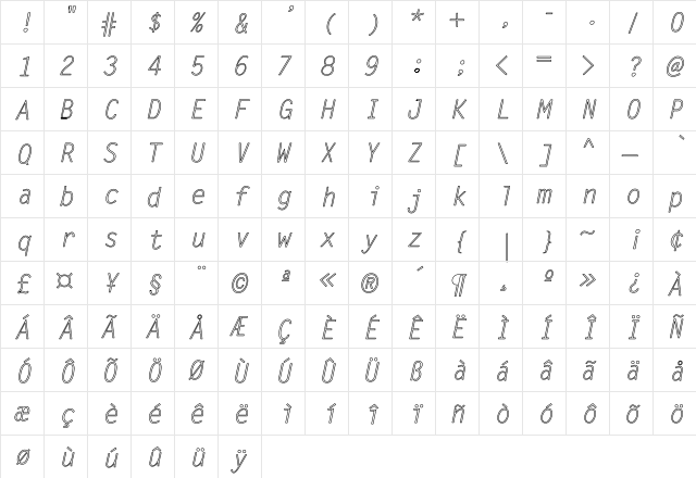 LetterGothic-Italic Hollow Regular  glyph index