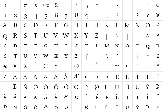JudeLightSmallCaps Regular  glyph index