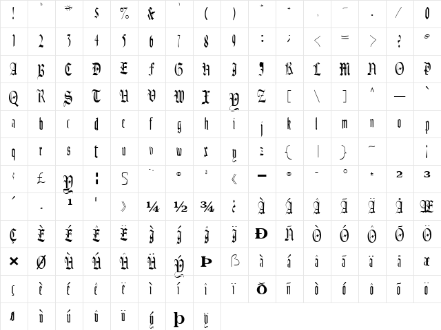 Authur Regular  glyph index