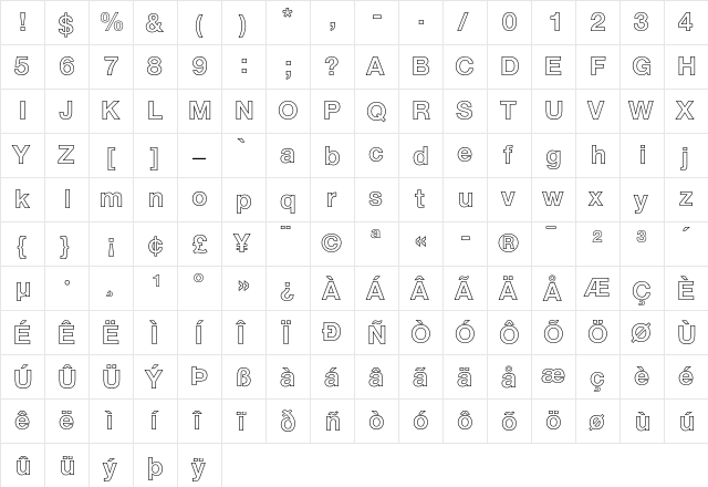 Helvetica Neue 75 Bold Outline  glyph index