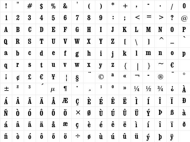 Clarendon Cn BT Bold  glyph index
