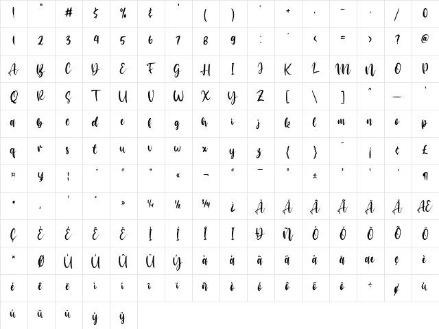 Arastela Regular  glyph index