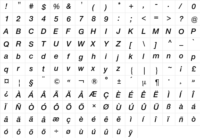 Neue Helvetica BQ Regular  glyph index
