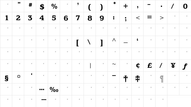 EquestrienneBoldTab Regular  glyph index