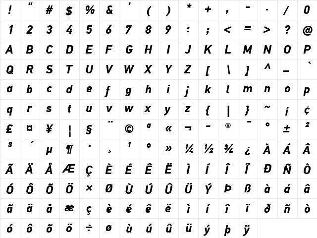 PF DinText Pro Bold Italic  glyph index