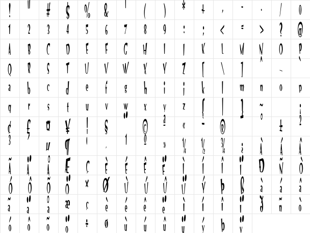 VTC Optika Regular  glyph index