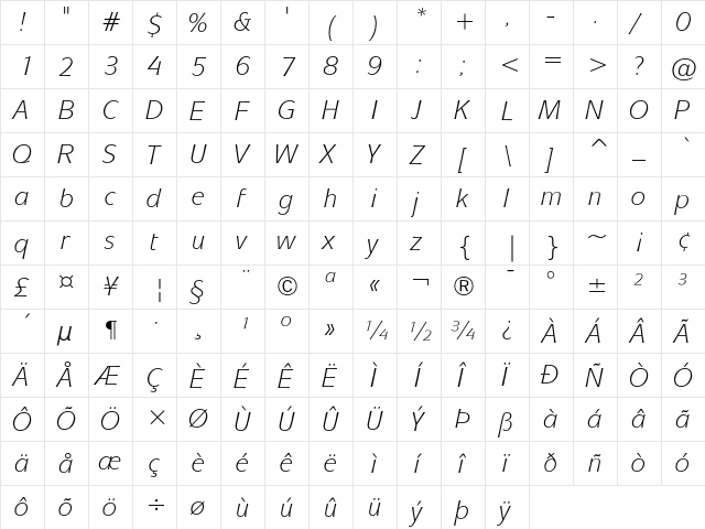 ITC Mixage Book Italic  glyph index