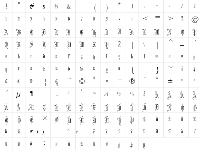 Blackletter 686 Regular  glyph index