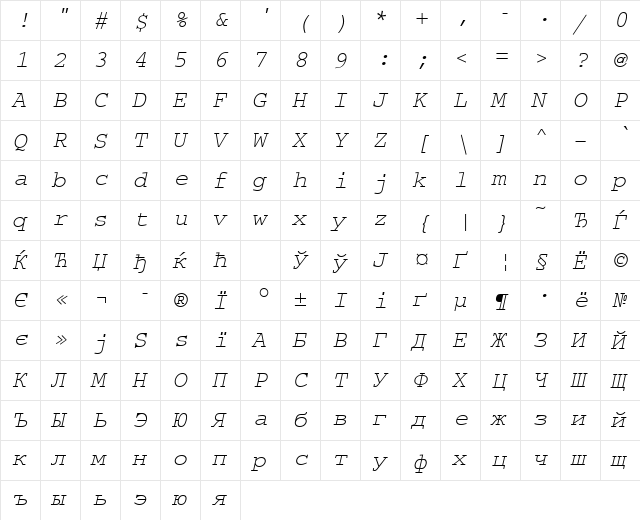 CourierMCY Oblique  glyph index