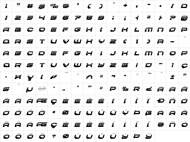 Pulsar Class Solid Halftone Italic Italic  glyph index