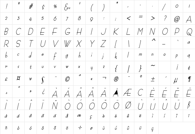 Bernie Condensed Bold Italic  glyph index