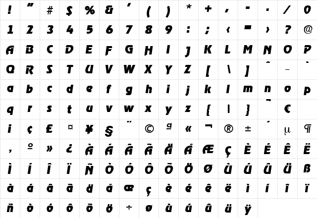 Ragtime-ExtraBoldIta Regular  glyph index