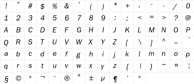 FranklinGothicBookC Italic  glyph index