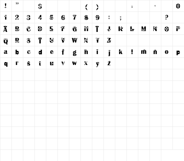 NewFont Regular  glyph index