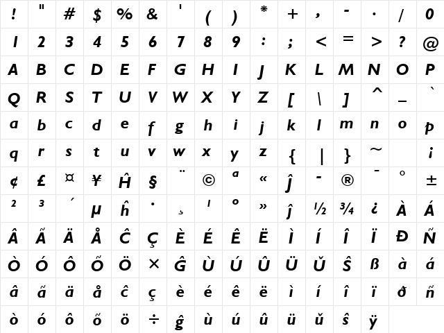 Humanst521 BT Eo Bold Italic  glyph index