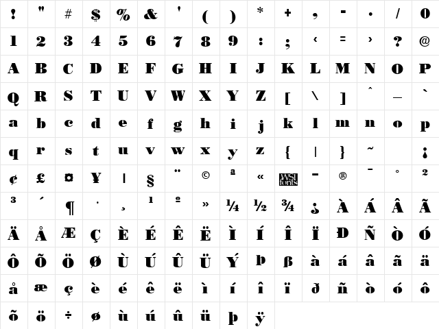 BostonBlack Regular  glyph index