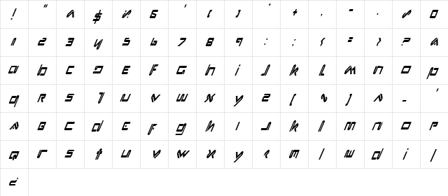 Xephyr Condensed Italic Condensed Italic  glyph index