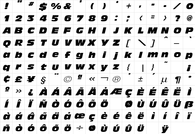 Olive Antique Black Extended Italic  glyph index