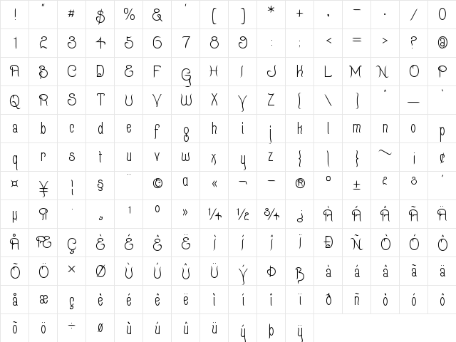 Quixotte Regular  glyph index