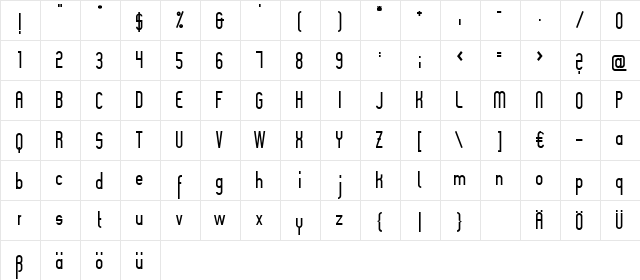Slimania Regular  glyph index