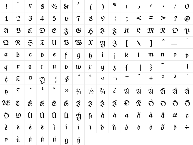PhederFrack Bold  glyph index