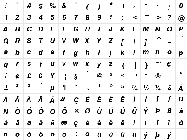 Swis721 BT Bold Italic  glyph index