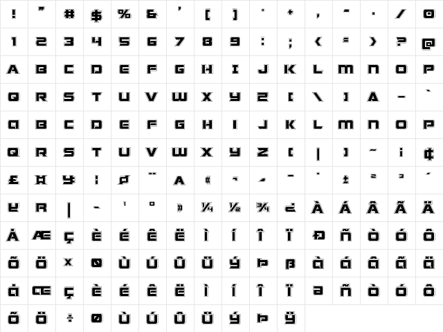 Starduster Academy Regular  glyph index