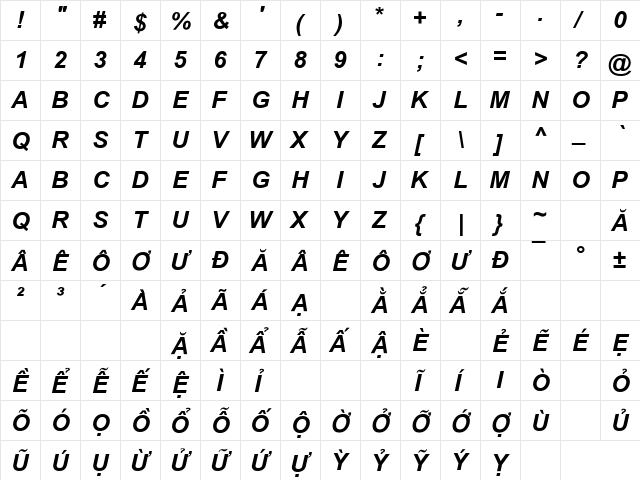 .VnArialH Bold Italic  glyph index