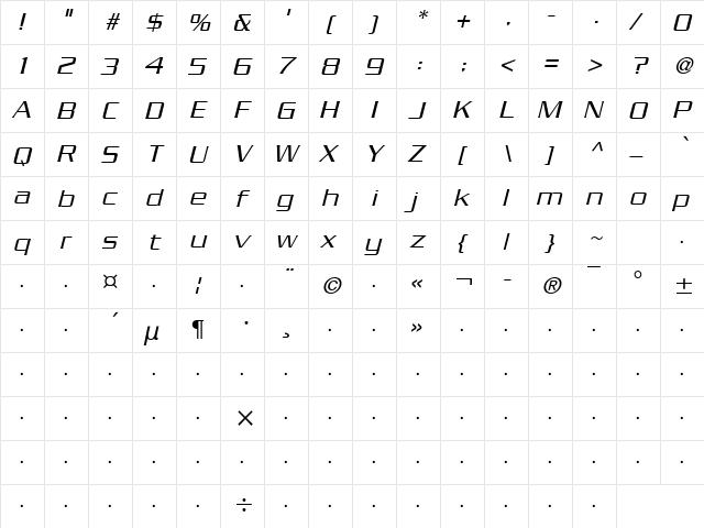 Enterprise Italic  glyph index
