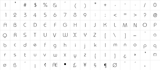 Sanibel Thin Regular  glyph index