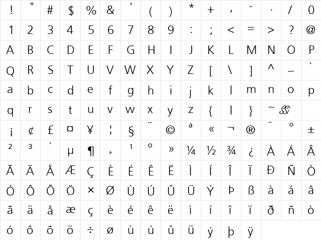 Palma Light SSi Light  glyph index